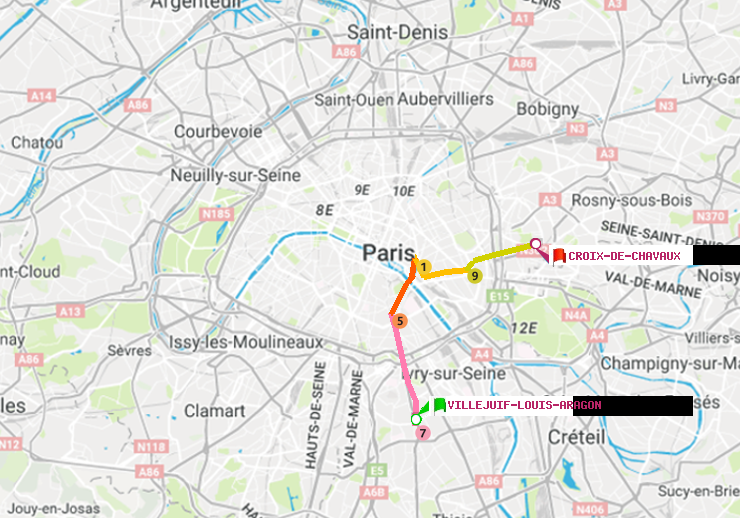 plan itinéraire ratp de Villejuif-Louis Aragon à Croix-de-Chavaux (Jacques Duclos)