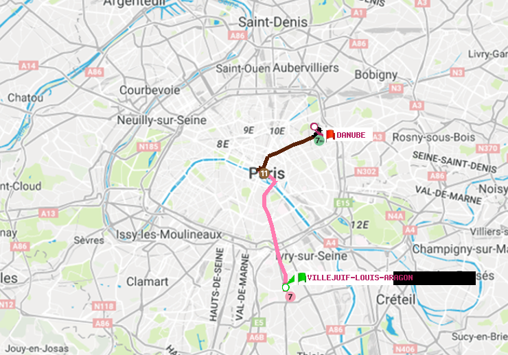 plan itinéraire ratp de Villejuif-Louis Aragon à Danube