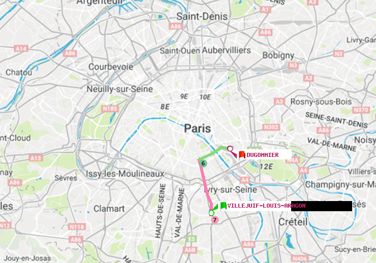 plan itinéraire ratp de Villejuif-Louis Aragon à Dugommier
