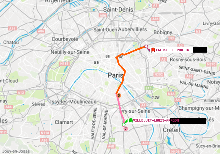 plan itinéraire ratp de Villejuif-Louis Aragon à Eglise de Pantin