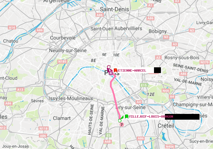 plan itinéraire ratp de Villejuif-Louis Aragon à Etienne Marcel