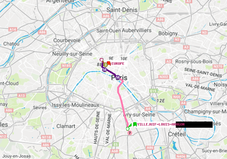 plan itinéraire ratp de Villejuif-Louis Aragon à Europe