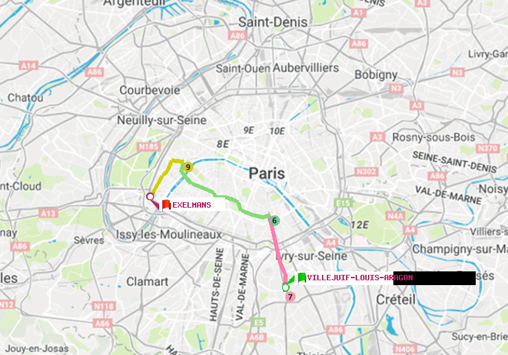 plan itinéraire ratp de Villejuif-Louis Aragon à Exelmans
