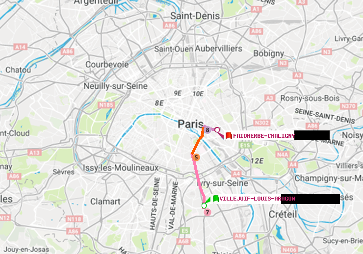 plan itinéraire ratp de Villejuif-Louis Aragon à Faidherbe-Chaligny