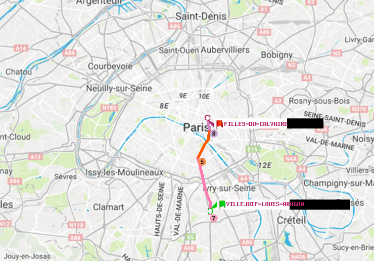 plan itinéraire ratp de Villejuif-Louis Aragon à Filles du Calvaire