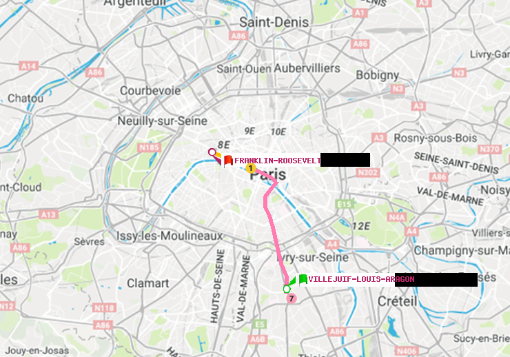 plan itinéraire ratp de Villejuif-Louis Aragon à Franklin-Roosevelt
