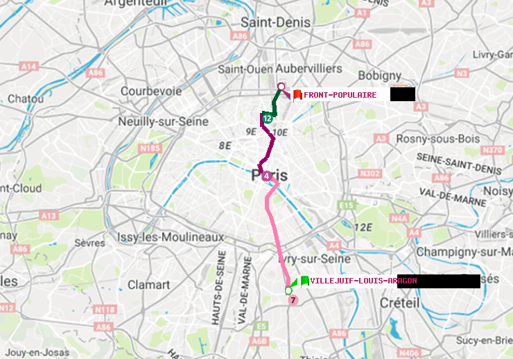 plan itinéraire ratp de Villejuif-Louis Aragon à Front Populaire
