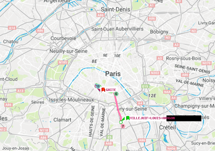 plan itinéraire ratp de Villejuif-Louis Aragon à Gaité