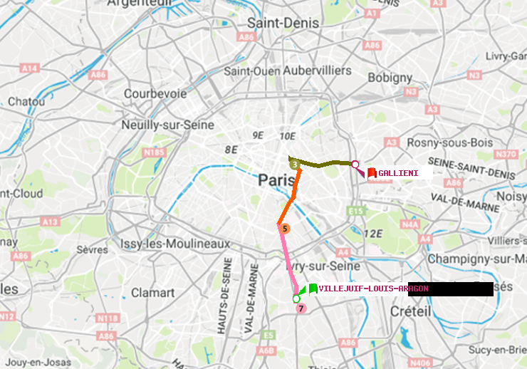 plan itinéraire ratp de Villejuif-Louis Aragon à Gallieni (Parc de Bagnolet)