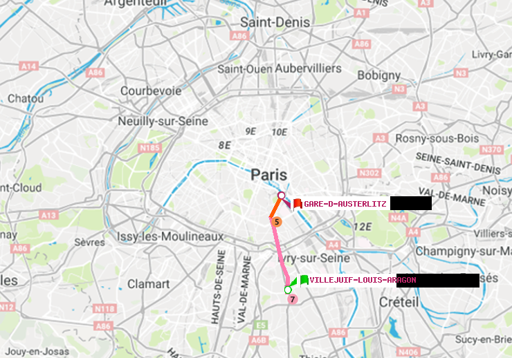 plan itinéraire ratp de Villejuif-Louis Aragon à Gare d