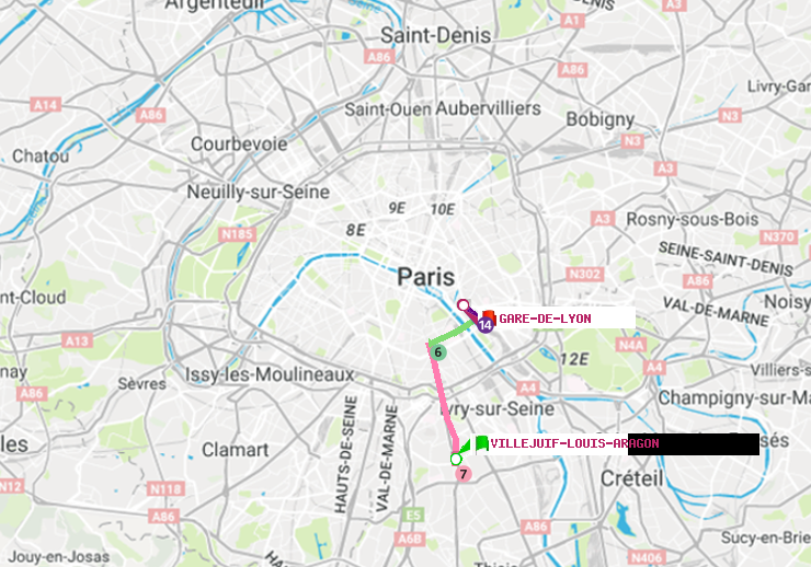 plan itinéraire ratp de Villejuif-Louis Aragon à Gare de Lyon