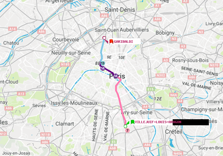 plan itinéraire ratp de Villejuif-Louis Aragon à Garibaldi