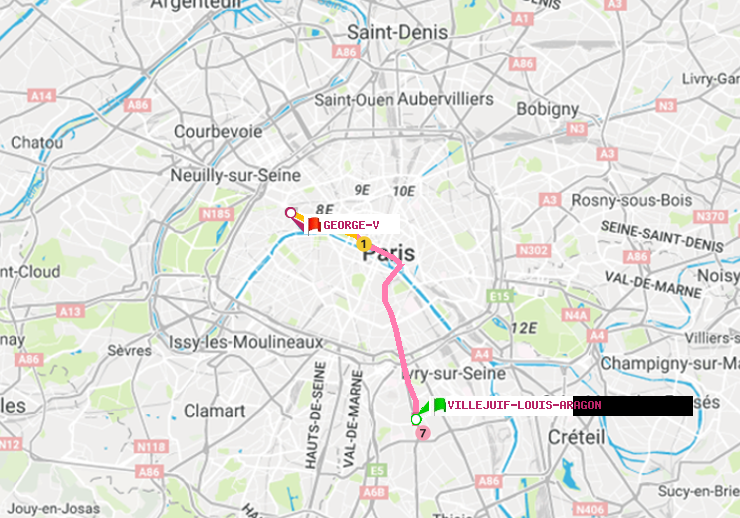 plan itinéraire ratp de Villejuif-Louis Aragon à George V