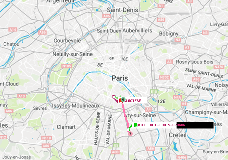 plan itinéraire ratp de Villejuif-Louis Aragon à Glacière