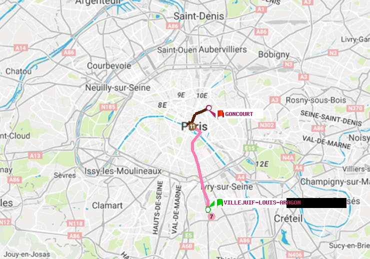 plan itinéraire ratp de Villejuif-Louis Aragon à Goncourt (Hôpital Saint-Louis)