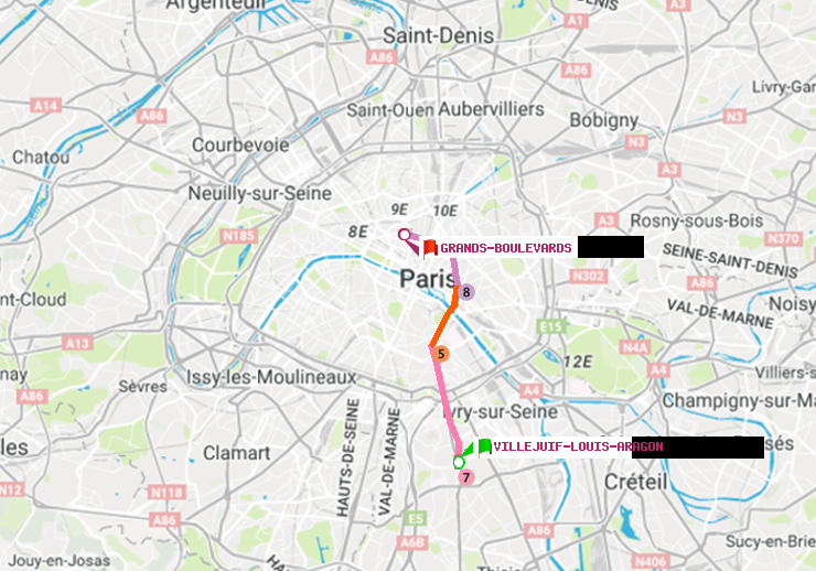plan itinéraire ratp de Villejuif-Louis Aragon à Grands Boulevards