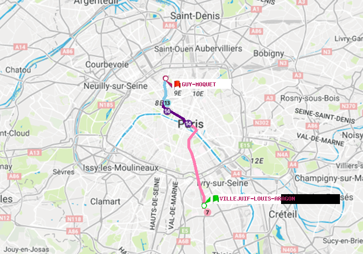 plan itinéraire ratp de Villejuif-Louis Aragon à Guy-Môquet