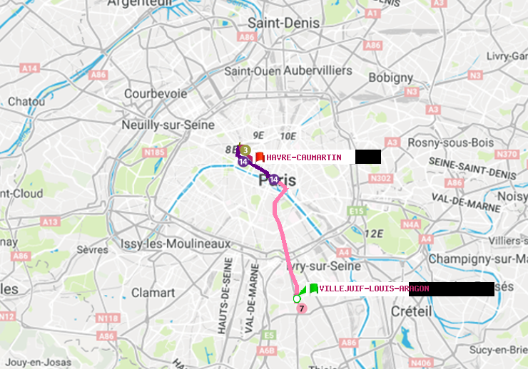 plan itinéraire ratp de Villejuif-Louis Aragon à Havre-Caumartin