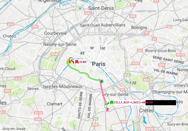 plan itinéraire ratp de Villejuif-Louis Aragon à Iéna