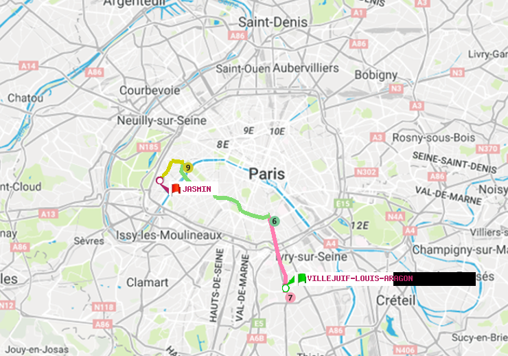 plan itinéraire ratp de Villejuif-Louis Aragon à Jasmin