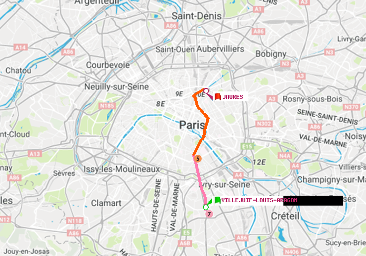 plan itinéraire ratp de Villejuif-Louis Aragon à Jaurès