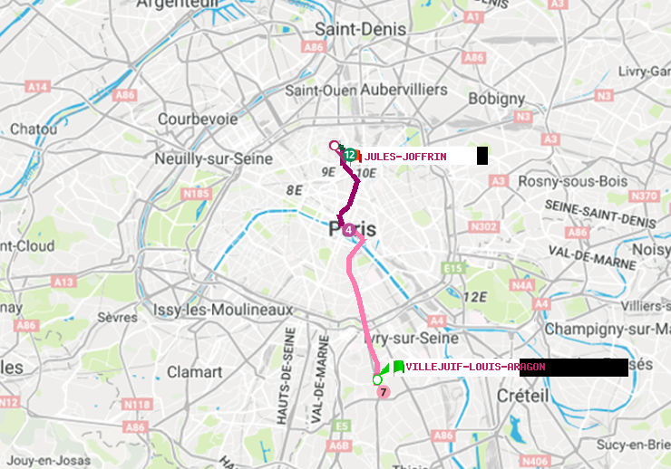 plan itinéraire ratp de Villejuif-Louis Aragon à Jules Joffrin