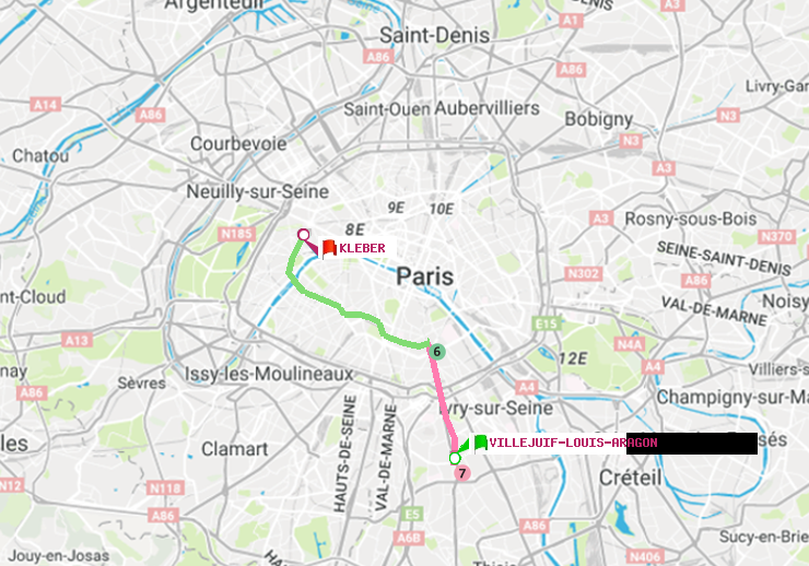 plan itinéraire ratp de Villejuif-Louis Aragon à Kléber