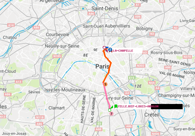 plan itinéraire ratp de Villejuif-Louis Aragon à La Chapelle