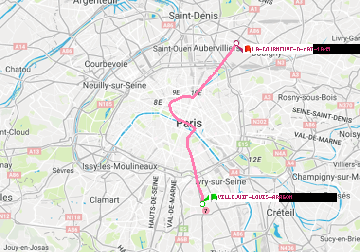 plan itinéraire ratp de Villejuif-Louis Aragon à La Courneuve-8-Mai-1945