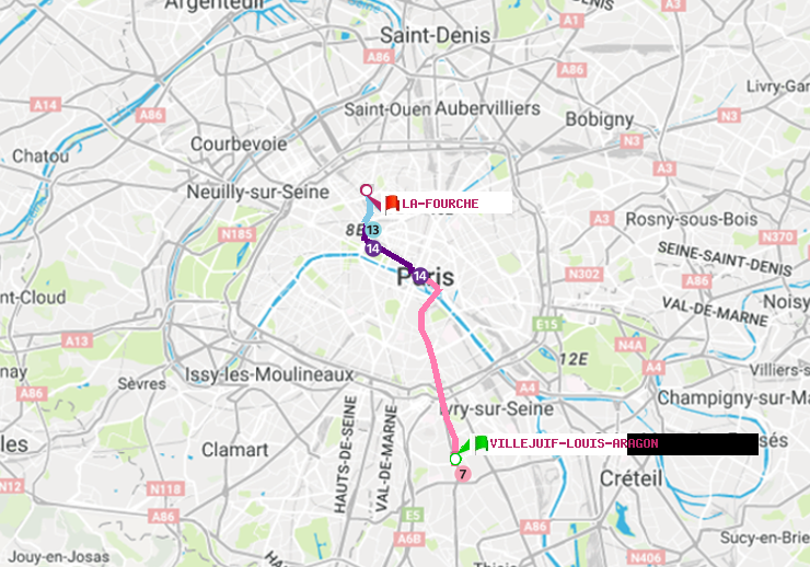 plan itinéraire ratp de Villejuif-Louis Aragon à La Fourche