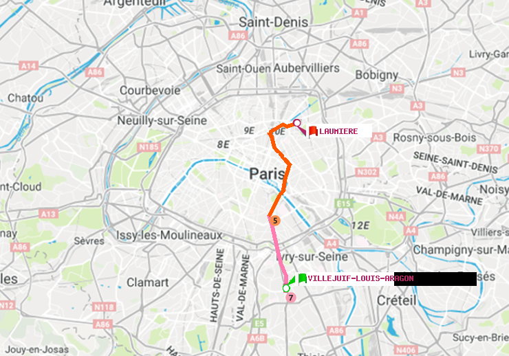 plan itinéraire ratp de Villejuif-Louis Aragon à Laumière
