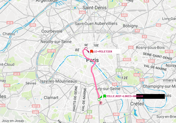 plan itinéraire ratp de Villejuif-Louis Aragon à Le Peletier
