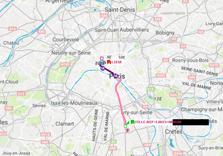 plan itinéraire ratp de Villejuif-Louis Aragon à Liège