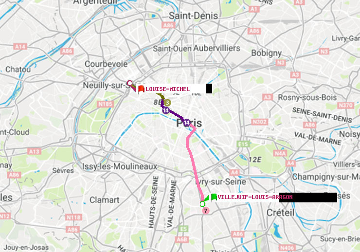 plan itinéraire ratp de Villejuif-Louis Aragon à Louise Michel