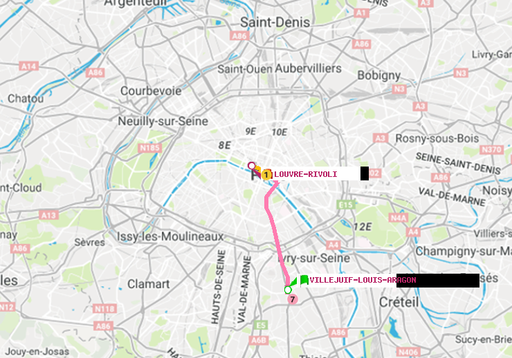 plan itinéraire ratp de Villejuif-Louis Aragon à Louvre-Rivoli