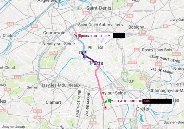 plan itinéraire ratp de Villejuif-Louis Aragon à Mairie de Clichy