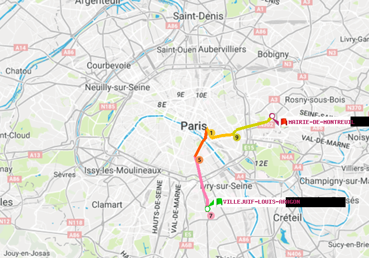 plan itinéraire ratp de Villejuif-Louis Aragon à Mairie de Montreuil