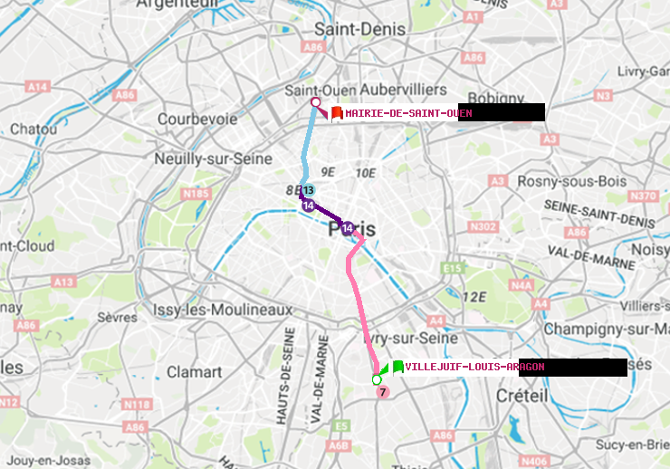 plan itinéraire ratp de Villejuif-Louis Aragon à Mairie de Saint-Ouen