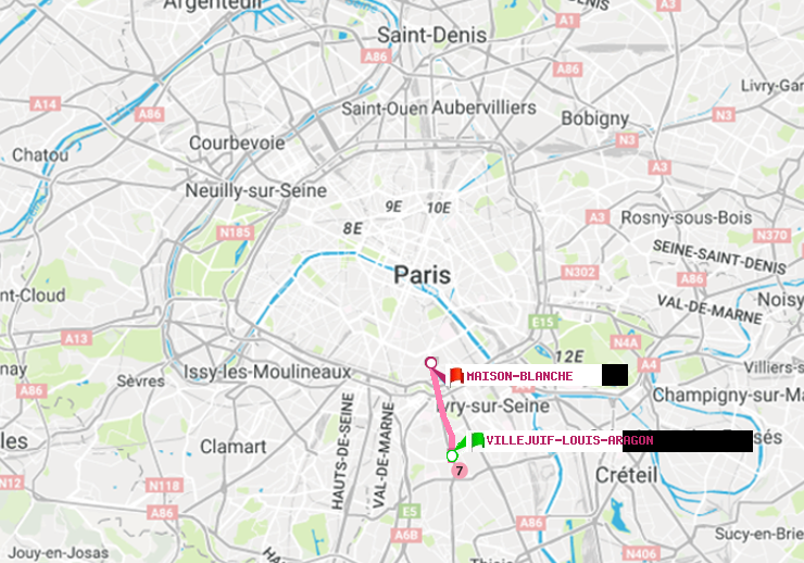 plan itinéraire ratp de Villejuif-Louis Aragon à Maison Blanche