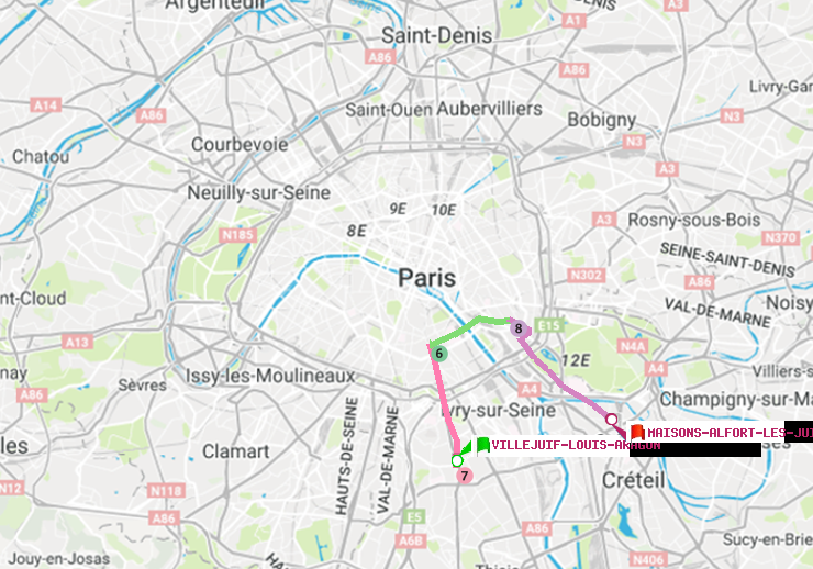 plan itinéraire ratp de Villejuif-Louis Aragon à Maisons-Alfort-Les Juilliottes