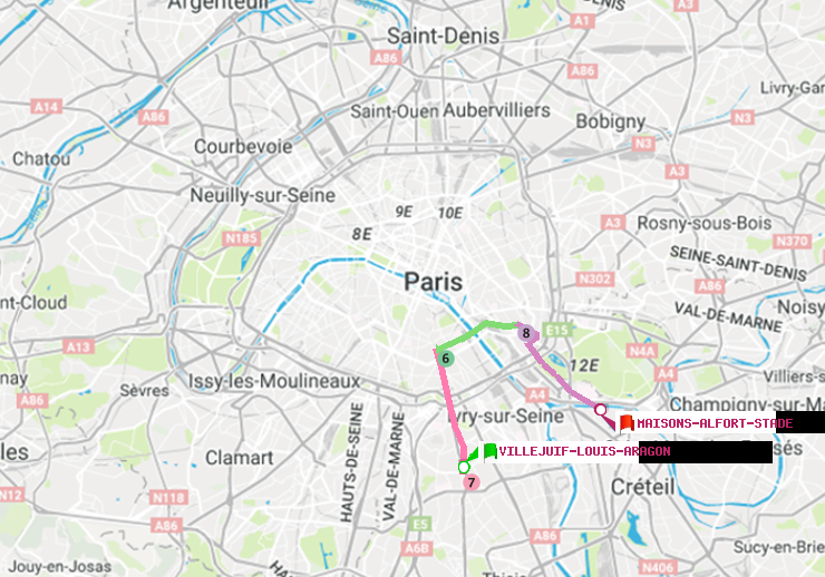 plan itinéraire ratp de Villejuif-Louis Aragon à Maisons-Alfort-Stade