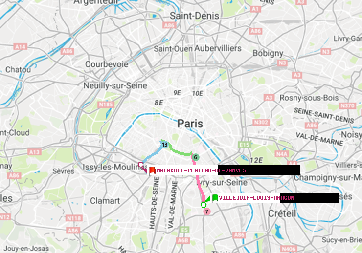 plan itinéraire ratp de Villejuif-Louis Aragon à Malakoff-Plateau de Vanves