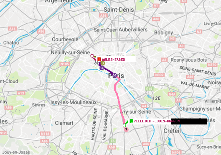 plan itinéraire ratp de Villejuif-Louis Aragon à Malesherbes