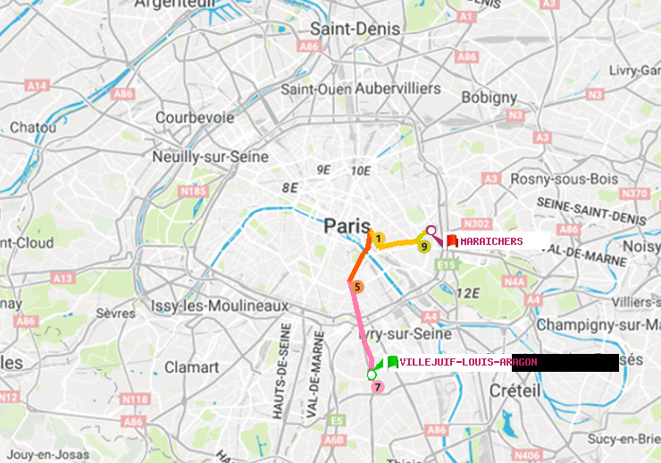 plan itinéraire ratp de Villejuif-Louis Aragon à Maraichers