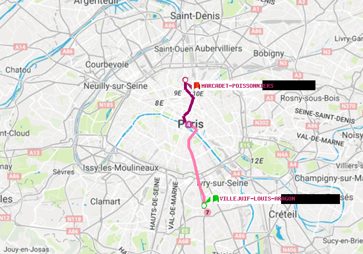 plan itinéraire ratp de Villejuif-Louis Aragon à Marcadet-Poissonniers