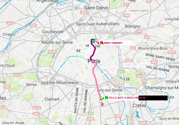 plan itinéraire ratp de Villejuif-Louis Aragon à Marx-Dormoy