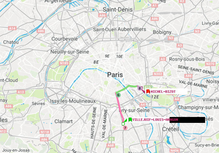 plan itinéraire ratp de Villejuif-Louis Aragon à Michel Bizot