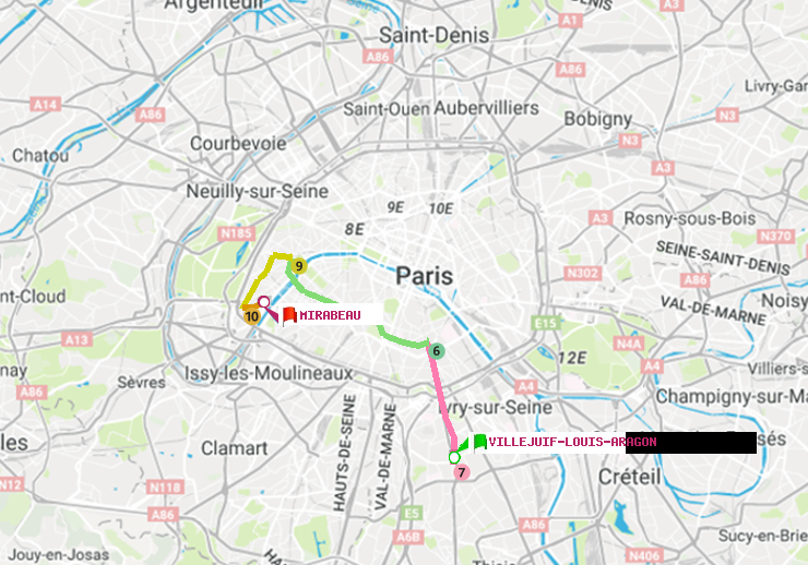 plan itinéraire ratp de Villejuif-Louis Aragon à Mirabeau