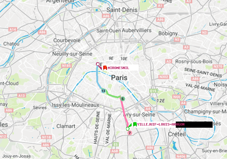 plan itinéraire ratp de Villejuif-Louis Aragon à Miromesnil