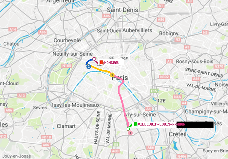 plan itinéraire ratp de Villejuif-Louis Aragon à Monceau
